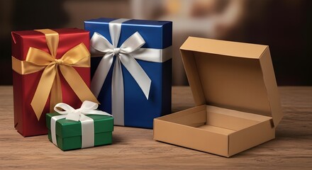 Colorful gift boxes with ribbons arranged on wooden table. Christmas Holiday celebration packaging concept with wrapped and open present boxes.