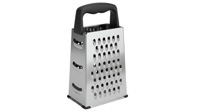 A stainless steel four-sided kitchen tool with a black handle, for grating food items