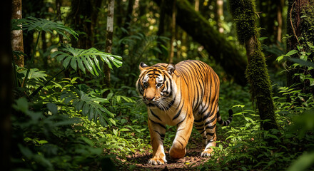 Obraz premium A majestic wild tiger walking along a path in a dense, sun-dappled tropical rainforest