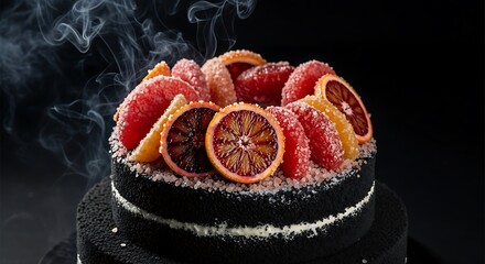 Decadent dark chocolate layer cake topped with candied blood orange slice garnish and smoke effect on black background