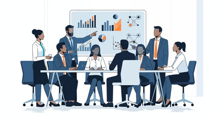 Corporate team collaborating in a modern office meeting, analyzing business data visualizations and strategic reports for informed decision-making and project planning