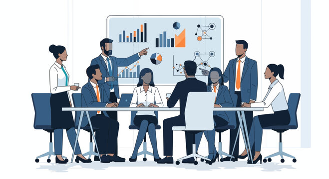Corporate team collaborating in a modern office meeting, analyzing business data visualizations and strategic reports for informed decision-making and project planning