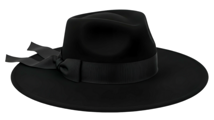 A sleek, black fedora hat with a ribbon and bow, isolated on a dark background