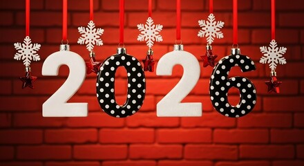 Festive 2026 new year celebration with ornament numbers on brick wall