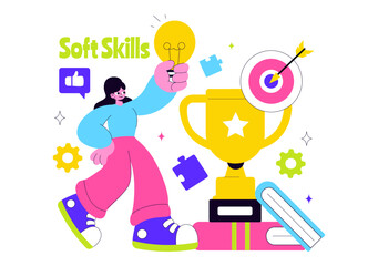 Office Workers Demonstrating Soft Skills Vector Illustration Such as Empathy, Communication, Idea Development, Teamwork, and Professional Growth