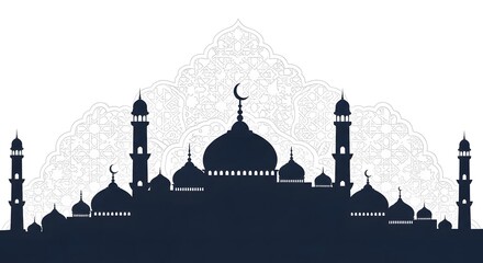 Silhouette of a mosque against a white backdrop with ornate design elements