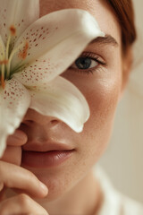 a close-up portrait of an elegant woman in white holding a single lily flower, with her hand covering half her face against a light background. the focus is on capturing intricate details and textures