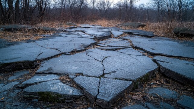 A wide-angle, low-angle shot of a heavily cracked and broken asphalt path in a dry, overgrown forest. The scene is lit by the dim, cool light of dusk, creating - Powered by Adobe