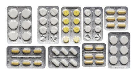Various White And Yellow Pills In Blister Packs Arranged On A Black Background Showing Different Shapes And Sizes With Some Visible Defect On The Packaging In A Studio Setting