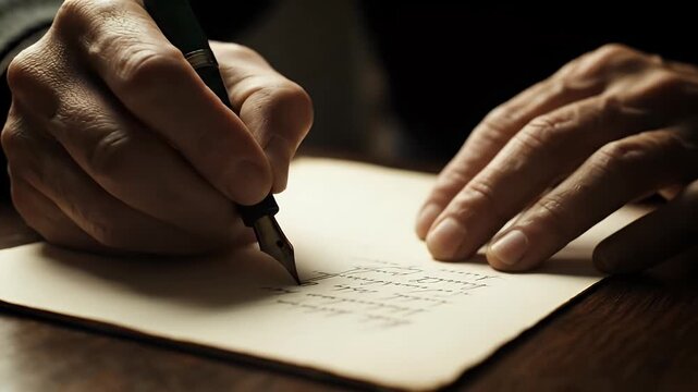 Close-up of aged hands writing with a fountain pen on paper.