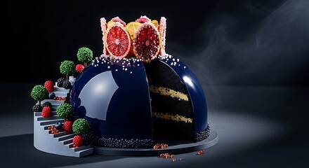 Luxurious dark blue mirror glaze dome cake with layered interior, decorated with citrus slice and berry staircase against dark background