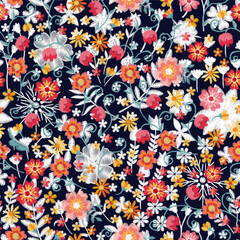Multilayered seamless embroidery pattern with beautiful flowers.