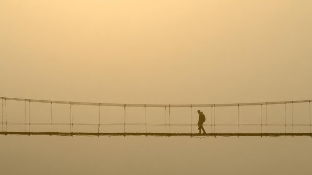 Fototapeta A lone figure walks a suspension rope bridge against a golden sunset. Concept Lone figure crossing a suspension rope bridge at golden sunset, Silhouette against a blazing sunset on a hanging bridge