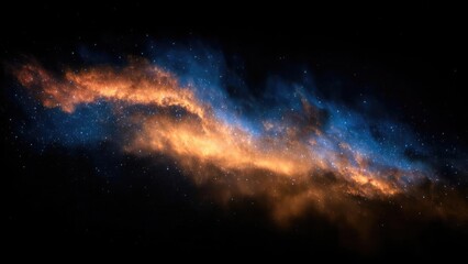 Edge-on galaxy with a bright orange dust lane and blue star‑forming regions across a star-filled background. Concept Edge-on galaxy, orange dust lane, blue star-forming regions