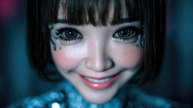 Close-up of a smiling girl with big sparkly eyes, rosy cheeks, long lashes, and blue teardrop makeup under moody blue lighting. Concept Close-up portrait of a smiling girl