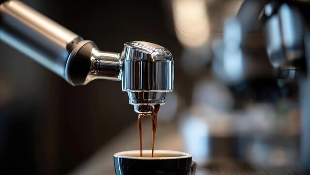 Chrome espresso machine portafilter pouring espresso into a small cup. Concept Chrome Espresso Machine, Portafilter Action, Espresso Pour, Coffee Accessories, Barista Scene