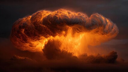 A gigantic fiery mushroom cloud rising from a massive explosion. Concept Massive explosion, Fiery mushroom cloud, Dark smoke and heat, Distorted skyline silhouette, Dynamic lighting and shockwaves