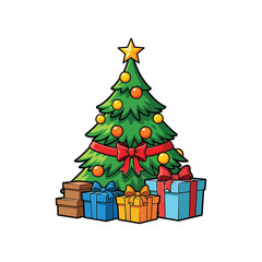 Festive christmas tree decorated with ornaments and gifts