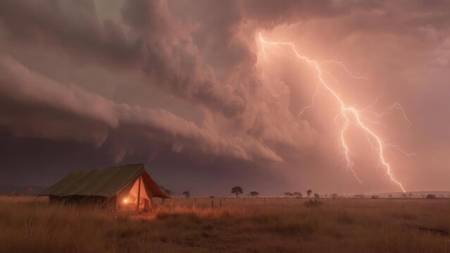 A lone campsite tent sits in a grassy plain as a dramatic thunderstorm lights the sky with a bright lightning bolt. Concept Stormy camping scene, Lone tent on a grassy plain