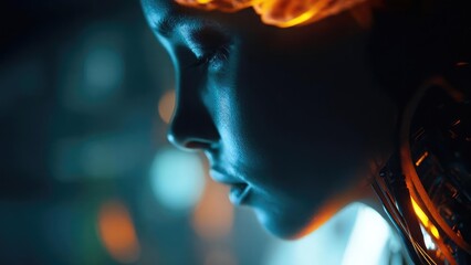 Close-up of a person wearing a futuristic helmet with glowing orange accents and blue lighting. Concept Futuristic helmet close-up, Neon blue lighting, Glowing orange accents, Sci-fi portrait