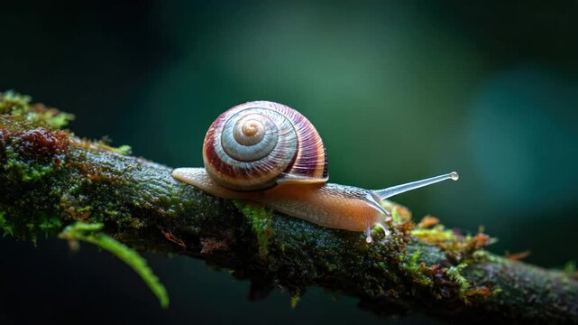 A snail with a striped shell crawls across a mossy branch with blurred forest background
