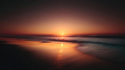 Fototapeta premium Sunset over the ocean with the sun on the horizon and an orange glow reflecting on the wet sand and gentle waves. Concept Sunset Over Ocean, Horizon Glow, Orange Reflection, Wet Sand Texture