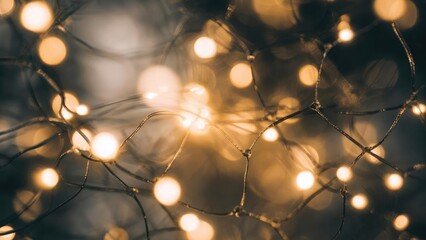 Warm white fairy lights tangled on thin wires, glowing softly with blurred bokeh orbs. Concept Warm Fairy Lights, Soft Bokeh Glow, Ambient Night Photography, String Lights, Cozy Portrait Lighting