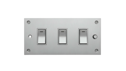 Shiny metallic light switch plate with three toggles and screw-fixed