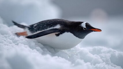Fototapeta premium An Adélie penguin sliding on snowy ice with a black back, white belly, and orange beak. Concept Adélie Penguin, Sliding on Snow, Black Back White Belly, Orange Beak, Antarctic Wildlife
