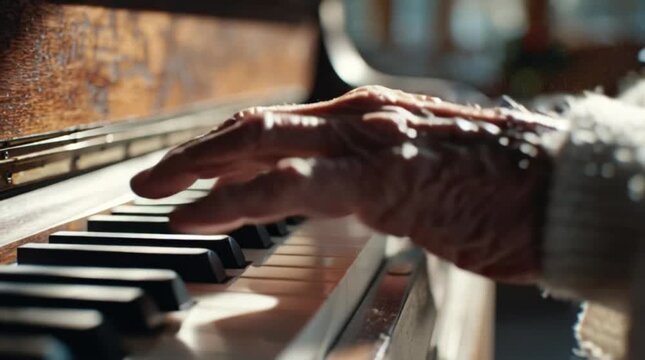 A close-up of an elderly musician's weathered hands passionately playing classical piano music