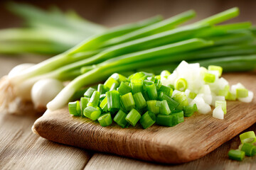 Fresh spring onions chopped and whole on wooden cutting board in kitchen Generative AI