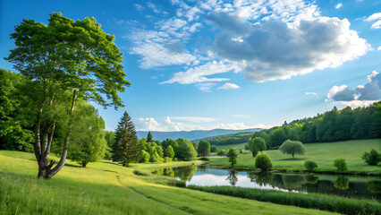 Lush green landscape with river and blue sky
