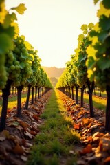 Fototapeta premium Golden Hour Vineyard Rows Lush Green Grapes and Autumn Leaves at Sunset