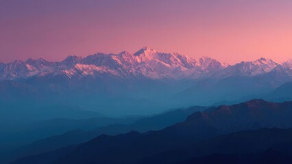 Snow-capped mountains bathed in pink sunset light, with blue hazy valleys receding into the distance. Concept Snow-Capped Mountains, Pink Sunset Light, Blue Hazy Valleys, Distant Mountain Vistas