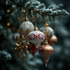 Elegant Christmas Ornaments on Snowy Evergreen Festive Holiday Magic