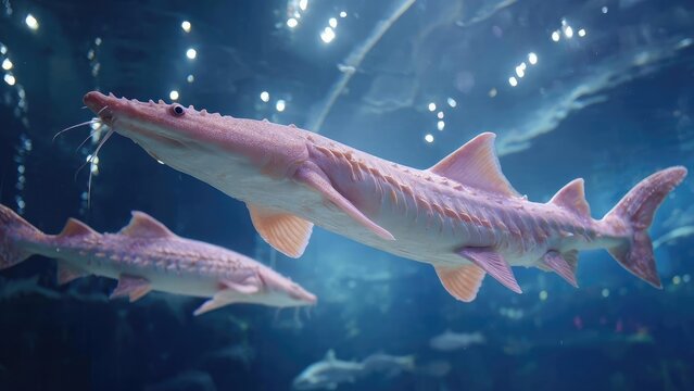 Pink sturgeon with a long snout and barbels swimming in an aquarium. Concept Pink sturgeon in an aquarium, Long snout and barbels, Underwater wildlife, Freshwater fish, Aquarium scene