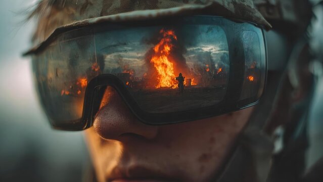 Close-up of a soldier wearing tactical goggles, reflection reveals a fiery battlefield with towering flames. Concept Close-up soldier portrait, Tactical goggles reflection, Fiery battlefield