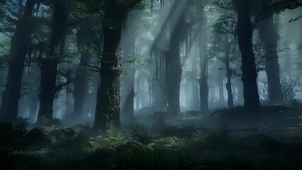 Eerie fog filled ancient woodland with sunbeams penetrating forest canopy - Powered by Adobe