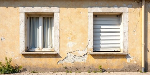 Fototapeta premium A weathered facade featuring two windows, one draped with sheer curtains, the other fitted with a closed slatted blind, set against a pale yellow stucco wall showing signs of age and gentle decay.