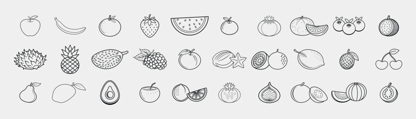 Fruits line icon set. Vector pictograms of apple, banana, orange, strawberry, grapes, pineapple, mango, blueberry, raspberry, lime, kiwi, papaya, pomegranate, coconut, thin linear illustration.