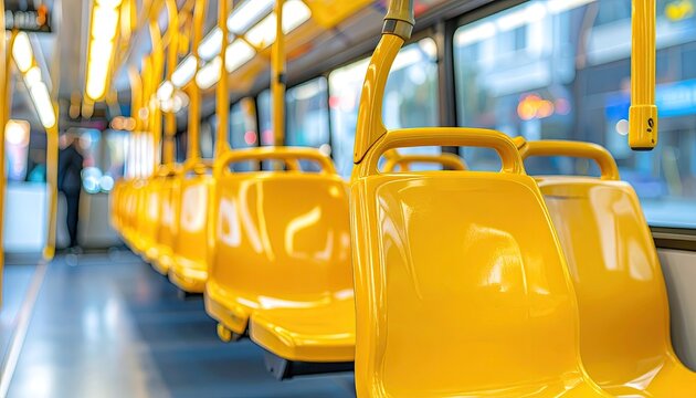 Yellow bus seats, empty, interior view