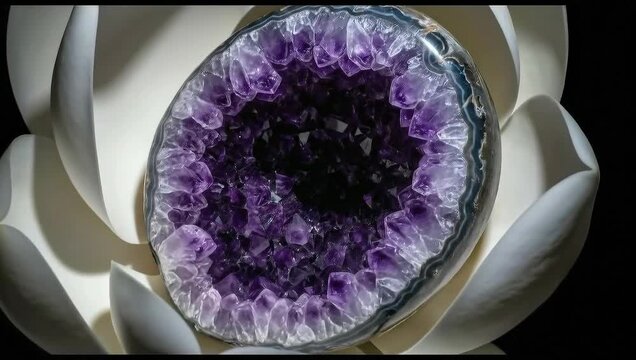 Close up of a polished amethyst geode half resting inside a white, stylized lotus flower sculpture against a dark background