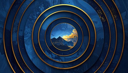 Mountain scape centered in circles, blue and gold art