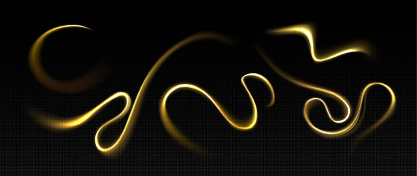 Twirl gold light streams with magical glow effects on dark transparent background. Elegant swirling energy patterns and golden sparkles. Abstract design with luminous curves and flowing particles.