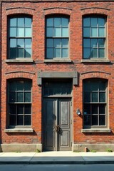 Fototapeta premium Sunlit brick building facade with arched windows and a large double door.