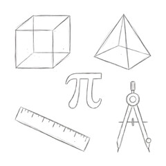 Hand-drawn collection of mathematics and geometry doodle icons featuring a cube, pyramid, pi symbol, ruler, and compass
