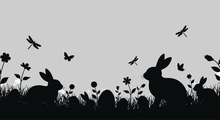 A black silhouette of Easter bunnies and eggs hidden in tall grass with flowers and dragonflies against a simple gray background.