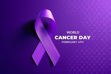 A purple ribbon symbolizes world cancer day with a textured background design