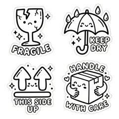 Cute kawaii stickers for shipping fragile, keep dry, this side up, handle with care