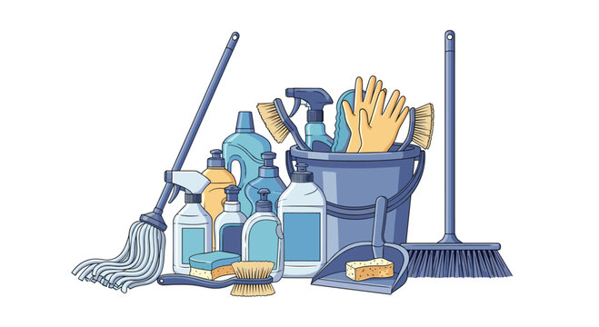 A large collection of cartoon cleaning supplies including a mop broom bucket and various detergents for housekeeping services.
